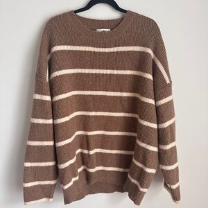 J.ING Brown and Cream Crew Neck Sweater with Stripes Oversized